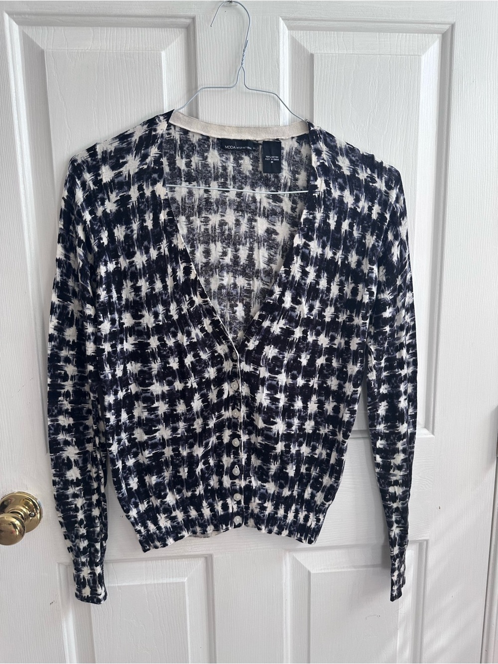 Moda International Black and White Abstract Knit Button Cardigan